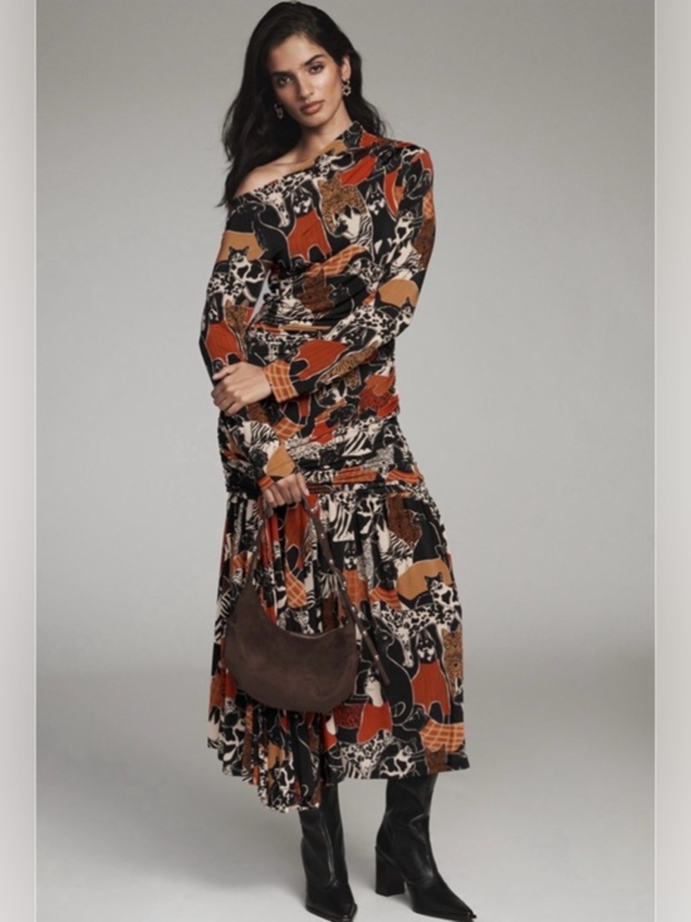 Farm Rio Printed Drop-Waist Midi Dress - Cat & Dog Print NWT